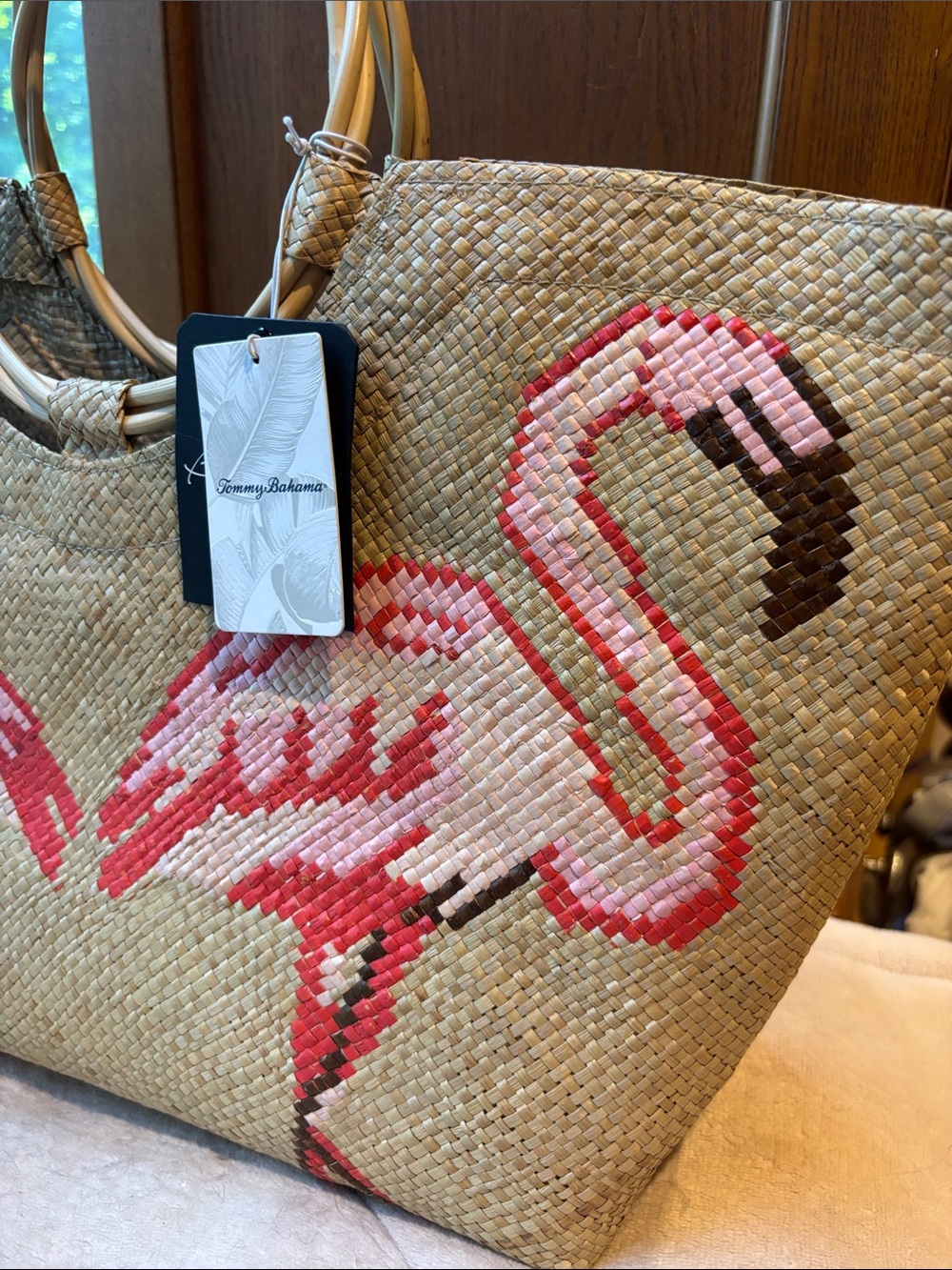 NWT Tommy Bahama X Banago Hand woven Flamingo Woven Tote - Picture 3 of 14